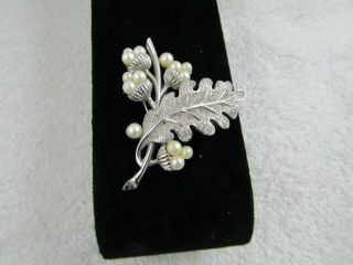 Vintage Crown Trifari Leaf Floral Faux Pearl Silver Tone Pin Brooch