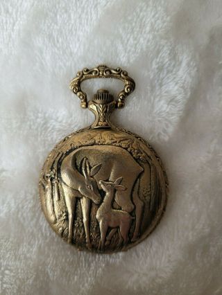 Vintage Armitron Mother And Baby Deer Gold Tone Quartz Pocket Watch - No Chain