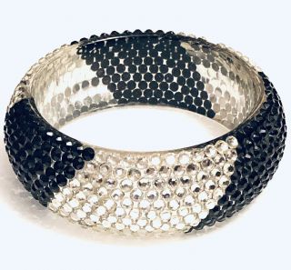 Vintage Clear Acrylic Rhinestone Black White Striped Wide Bangle Bracelet
