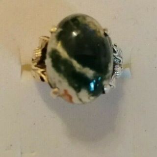 Vintage Sterling Silver And Moss Agate Ring With Thistle Detail Shoulders Size N