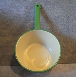 Vintage Graniteware,  Enamelware Sauce Pan Pot,  Handled,  Cream & Green,  Gc