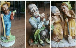 3 Vintage Lefton China Hand Painted Figurine 2 Women,  Farmer,  Man Sewing Ceramic