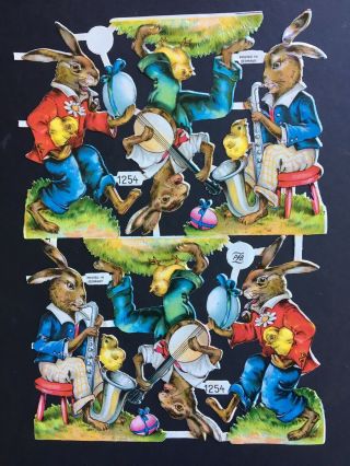 Vintage Embossed Die Cuts Musical Easter Bunnies Paper Scrap Printed In Germany