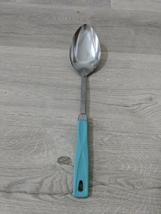 Vintage Ekco Solid Serving Spoon Stainless Steel Turquoise Blue Handle Usa 12 "