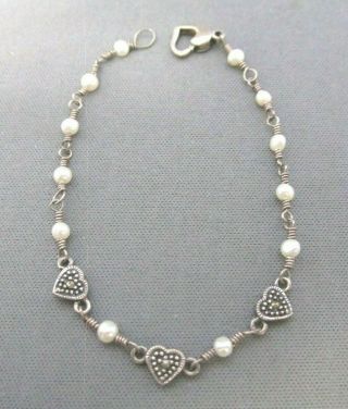 Vintage Art Deco Sterling Marcasite Heart Seed Pearl Tennis Bracelet