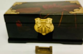 Vintage Black Lacquered Chinese Jewelry Box With Brass Accents & Brass Lock 2