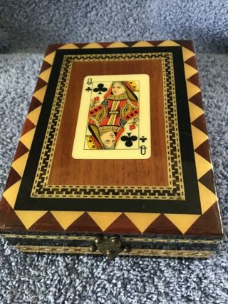 Vintage Wooden Inlaid Playing Card Jewelry Trinket Box Hinged Wood Queen Clubs