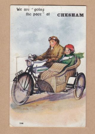 Old Lift The Flap Card " Going The Pace At Chesham " C1920 Motorbike Sidecar
