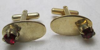 Vintage Unsigned Mens Oval Cufflinks Gold Tone Red Rhinestone Cuff Links 2
