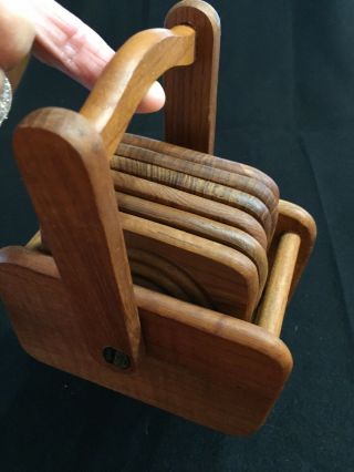 Mid Century Danish Modern Vintage Teak Wood Coasters Set Of 6 In Holder Vintage