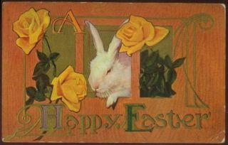 011221 Vintage Easter Postcard White Bunny Rabbit And Roses Art Nouveau Embossed