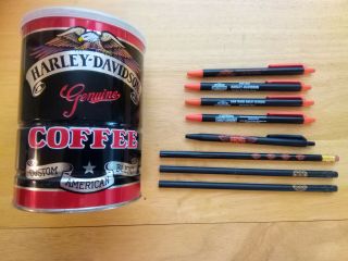Harley - Davidson Coffee Can,  Dealer Pens & Hog Hd Pencils