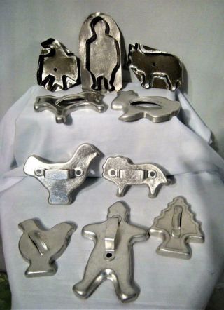 10 Vintage Tin Cookie Cutters,  Bunny,  Chicken,  Horse,  Eagle,  Man,  Xmas Tree,  Etc
