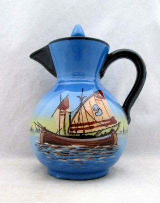 Vintage Watcombe Pottery? Torquay,  Hot Water Jug & Lid,  Blue,  Arabic Dhow Boat
