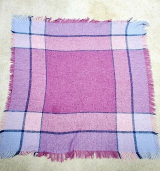 Vintage Avoca Handweavers Wool Blanket Fringe 46 " X 46 " Blue,  Lilac Plaid