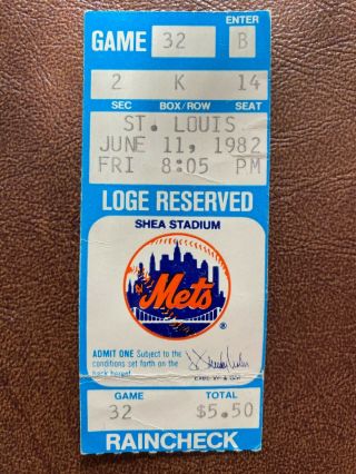 1982 York Mets St.  Louis Cardinals Ticket Stub June 11,  1982 Shea Stadium