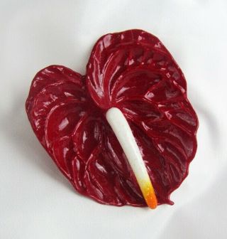 Vintage Ges Gesch West Germany Celluloid Plastic Red Anthurium Flower Pin Brooch