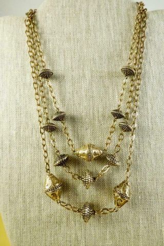 Vintage 3 - Strand Graduated Goldtone Etruscan Bead & Chain Necklace