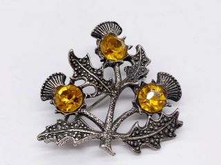 Vintage Scottish Celtic Thistle Citrine Glass Ladies Silver Metal Pin Brooch