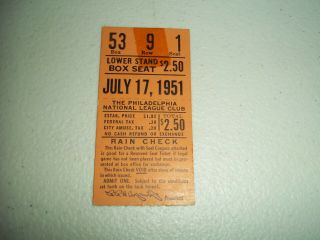 7/17/51 Philadelphia Phillies Vs Cincinnati Reds Baseball Ticket Stub