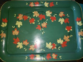 Vintage Metal Serving Tray Fall Leaves With Orange,  Green,  Red Colors Mcm 13x21