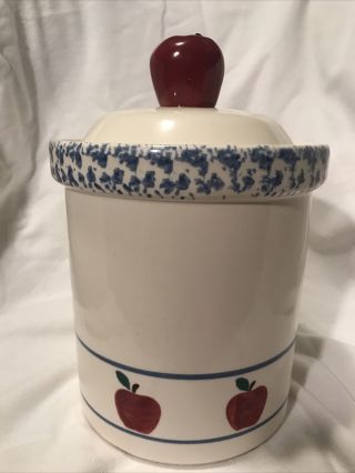 Vintage Treasure Craft Usa Porcelain Cookie Jar With Apples,  Cream,  Blue