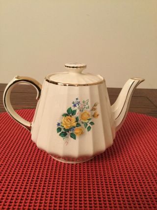 Vintage Sadler England Teapot Yellow Roses,  Blue Flowers,  Gold Trim J029 AE 2