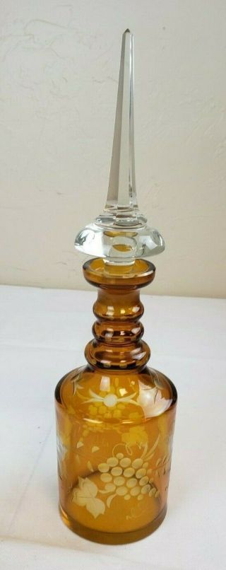 Vintage 15 1/2 " Tall Amber Etched Glass Decanter And Clear Crystal Stopper Gl1