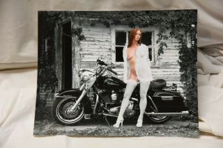 8x10 Inch Black And White Photo Of A Redhead With Wet Hair Posing On A Harley