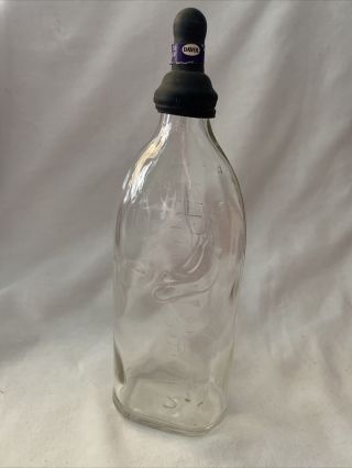 Vintage 8oz Glass Baby Bottle Nurser W/ Embossed Crawling Baby & Soft Nipple