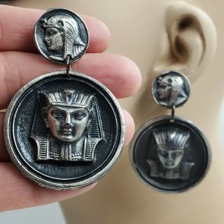 Vtg Well Made Large Silver Pewter Egyptian Pharaoh Drop Dangle Clip On Earrings