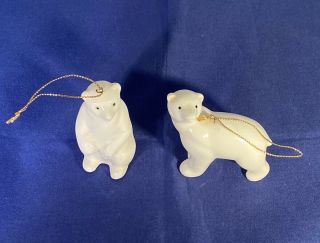 Two Vintage White Polar Bear Ceramic Christmas Ornaments