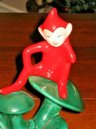 Vintage Red Elf Pixie On Green Mushroom Pond Planter Ceramic 5.  5 "