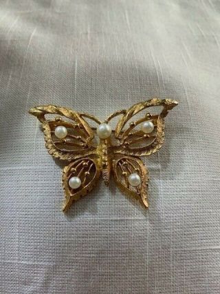 Vintage Gold Tone Filigree Butterfly Brooch With Faux Seed Pearl Accents