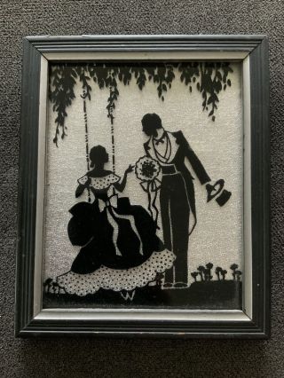 Vintage Reverse Painted Glass Silhouette Picture Courting Couple - Swing,  Flowers