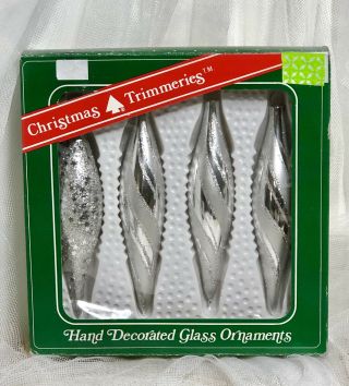 4/set Vtg Hand Decorated Glass 6” Teardrop Ornament Silver Glitter Star Box 1990