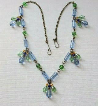 Vintage Czech Art Deco Style Green/blue/gold Glass Flower Necklace