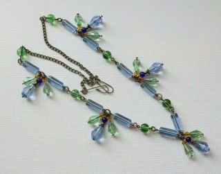 Vintage Czech Art Deco Style Green/Blue/Gold Glass Flower Necklace 2