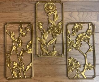 Vintage Syroco Wood Floral Wall Hanging Plaques Set Mid Century