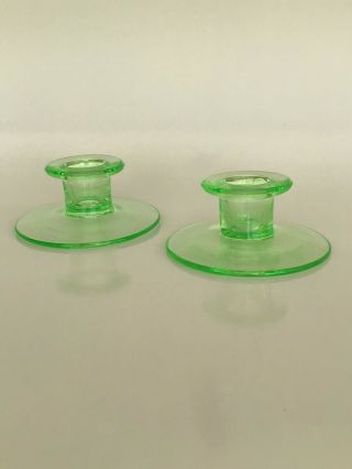 2 Vintage Green Depression Glass Candle Holders Perfect For Christmas.