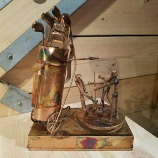 Vintage Copper Tin Golf Bag Golf Themed Spinning Music Box On Stand - Swanky Barn