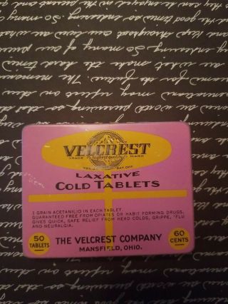 Vintage Velcrest Laxative Cold Tablet Advertising Medicine Tin Mansfield Ohio
