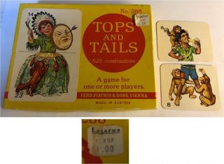Vintage 1950s Tops And Tails Card Game Made In Austria Lazarus Sticker Complete