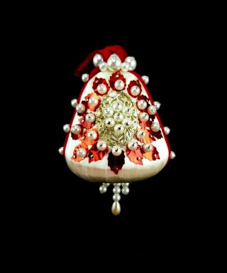 Vintage Handmade White/red Satin Sequin Beaded Bell Christmas Ornament