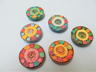 (6) Vintage Nony York Button Covers Wood Artsy Colorful 1 - 1/8 " Diameter