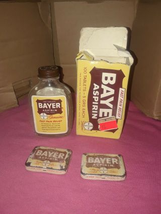 Vintage Bayer Aspirin Glass Bottle,  Metal Cap,  Box 2 Tins