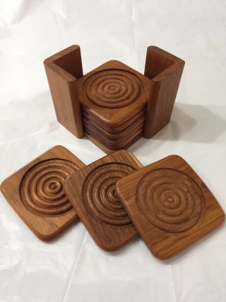 Mid Century Danish Modern Vintage Teak Wood Coasters Set Of 8 In Holder Vintage