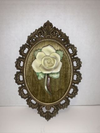 Vtg.  Porcelain Rose Wall Hanger Oval Brass Frame Victorian Shabby Chic Style