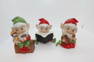 Vintage Homco Porcelain Set Of 3 Christmas Santa Workshop Elf 