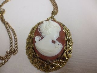 Large Vintage Cameo Carved Celluloid Filigree Framed Gold Tone Setting On Chain